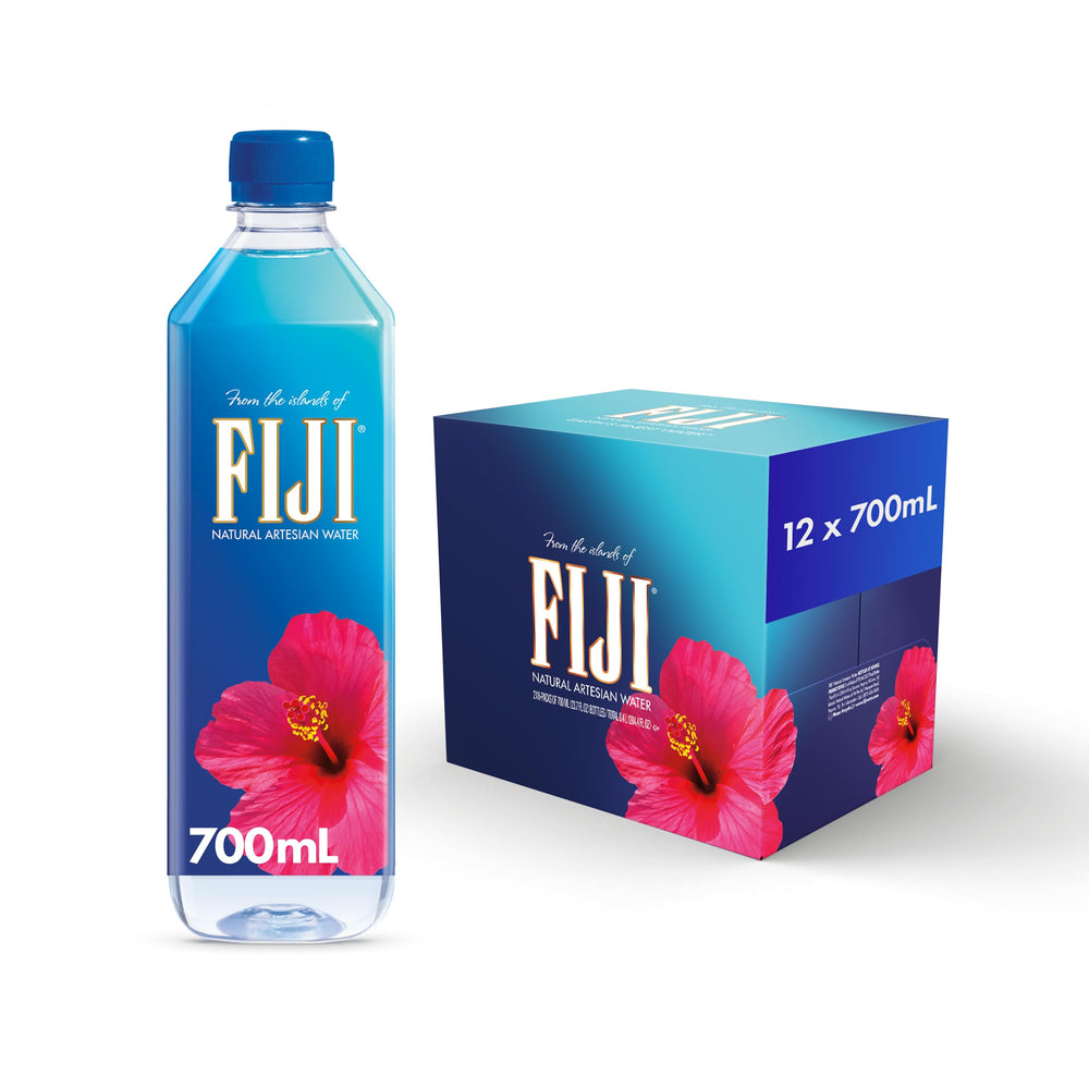 FIJI Water 700ml bottle front view showcasing a sleek, travel-ready design.