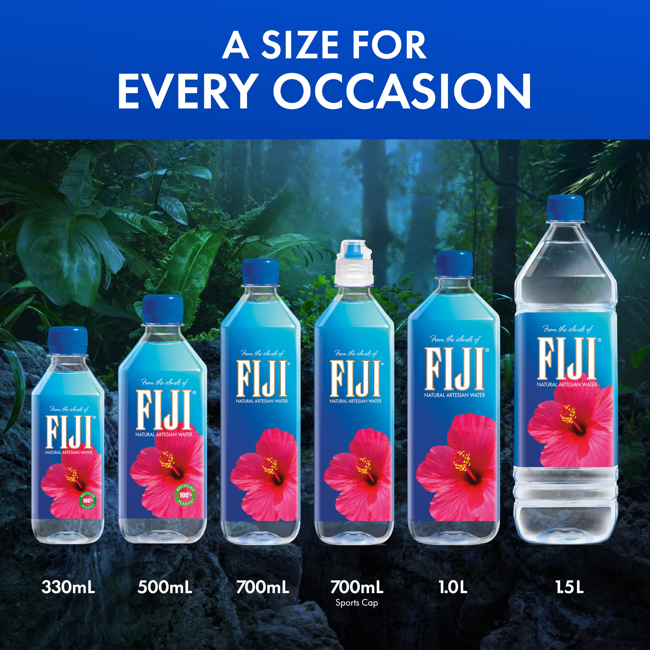 FIJI Water at event table, convenient 330mL serving.