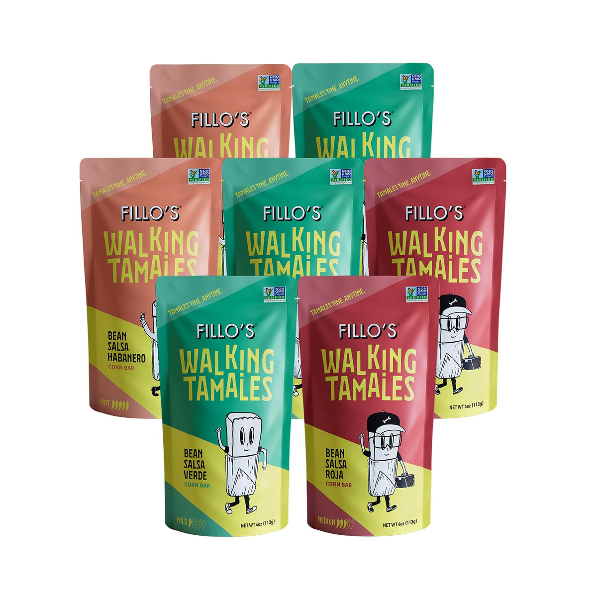 Fillos Tamales variety pack front view shows shelf-stable, ready-to-eat meals for busy days.