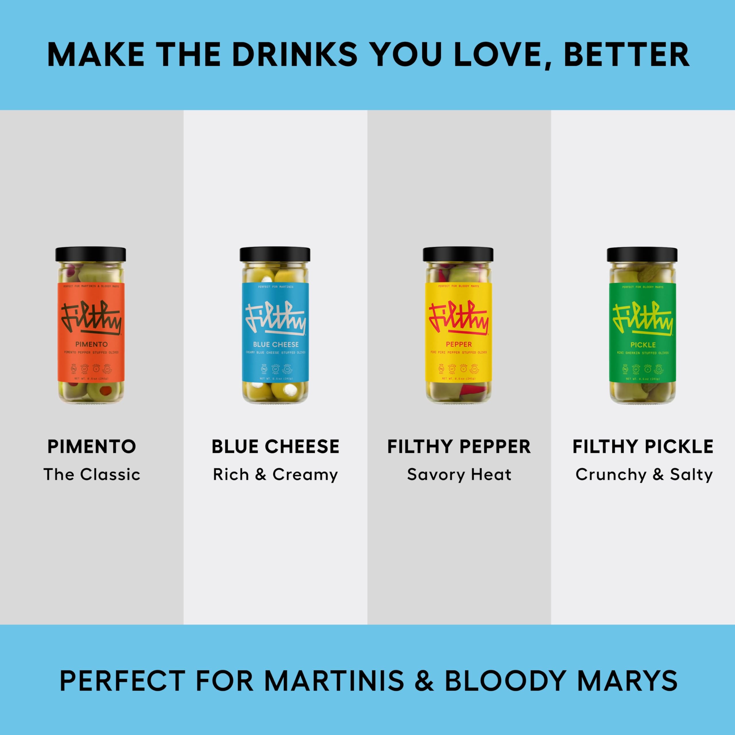 Bar setup with Filthy Food olives adds a premium garnish option for entertaining guests.
