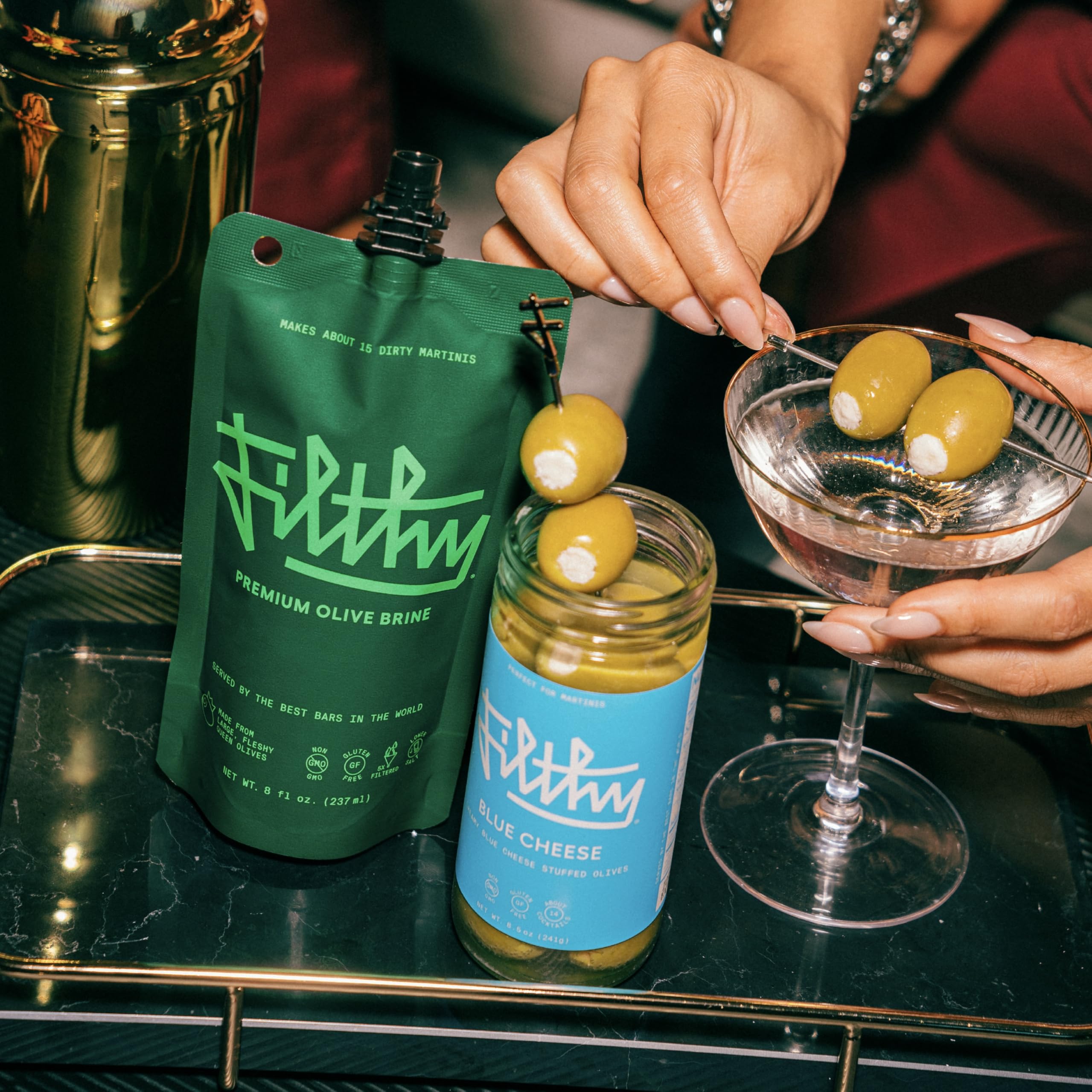 Filthy Food blue cheese stuffed olives hand-stuffed, showcasing artisanal craftsmanship for upscale cocktails.