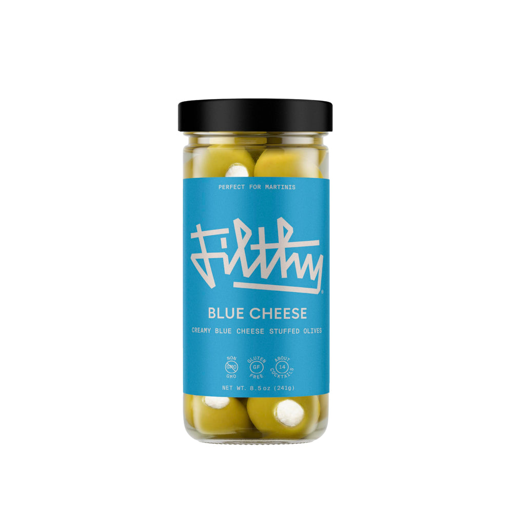 Filthy Food blue cheese stuffed olives in a jar front for premium cocktail garnish.