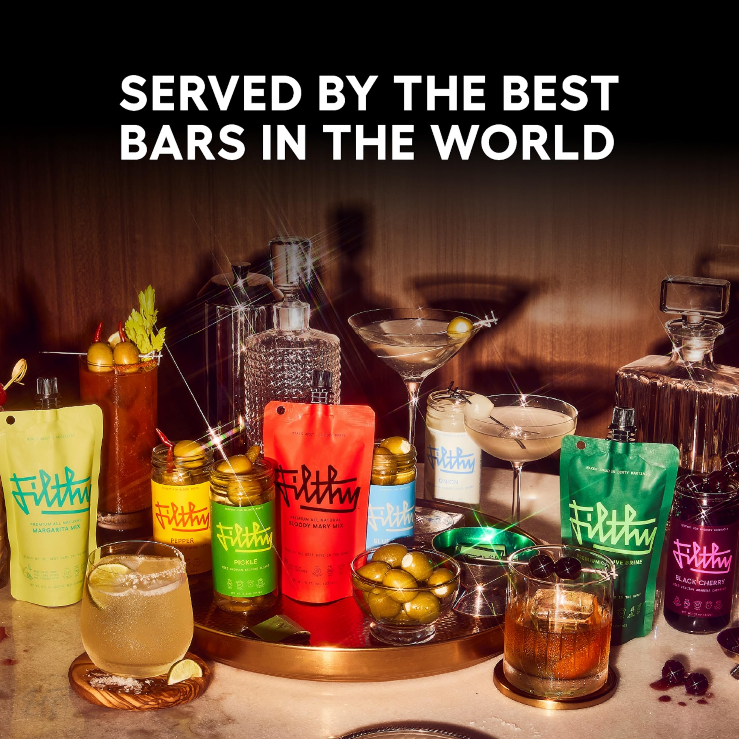 Re-sealable jar keeps Filthy Food olives fresh between gatherings and home bar sessions.
