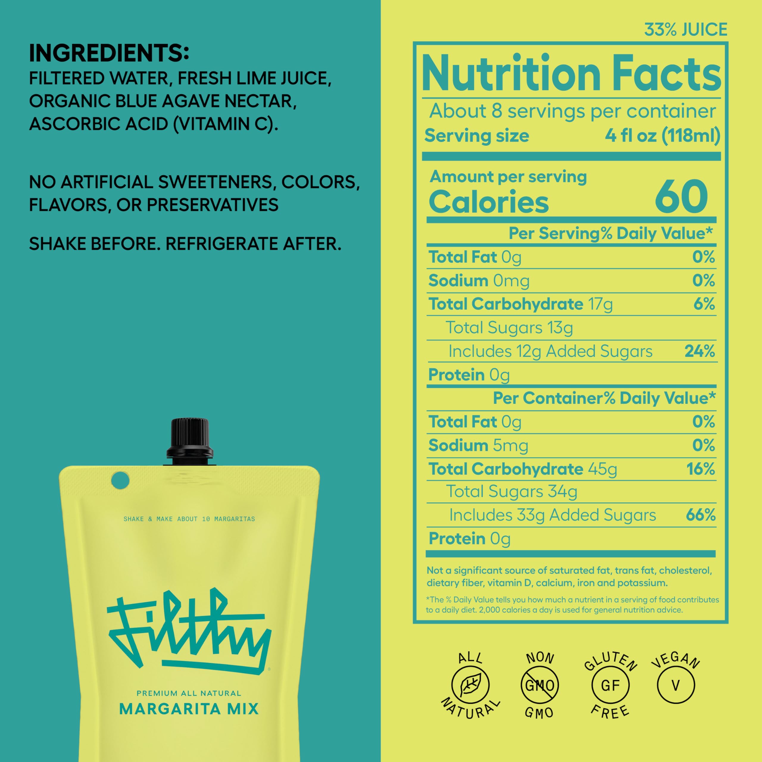 Close-up of Filthy Food margarita mix label showing all-natural ingredients and non-GMO promise