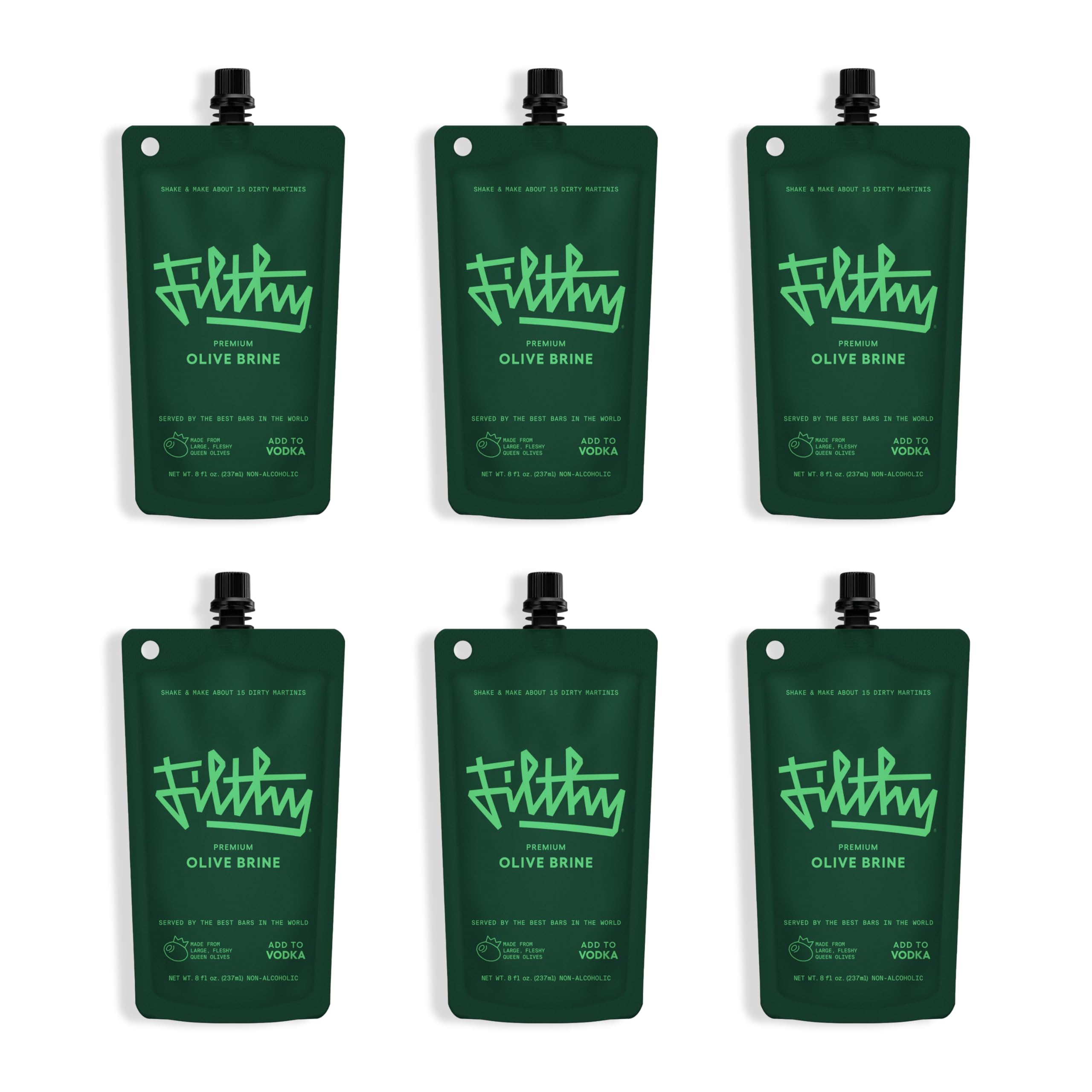 Filthy Food olive brine bottle showcases premium quality for authentic dirty martinis