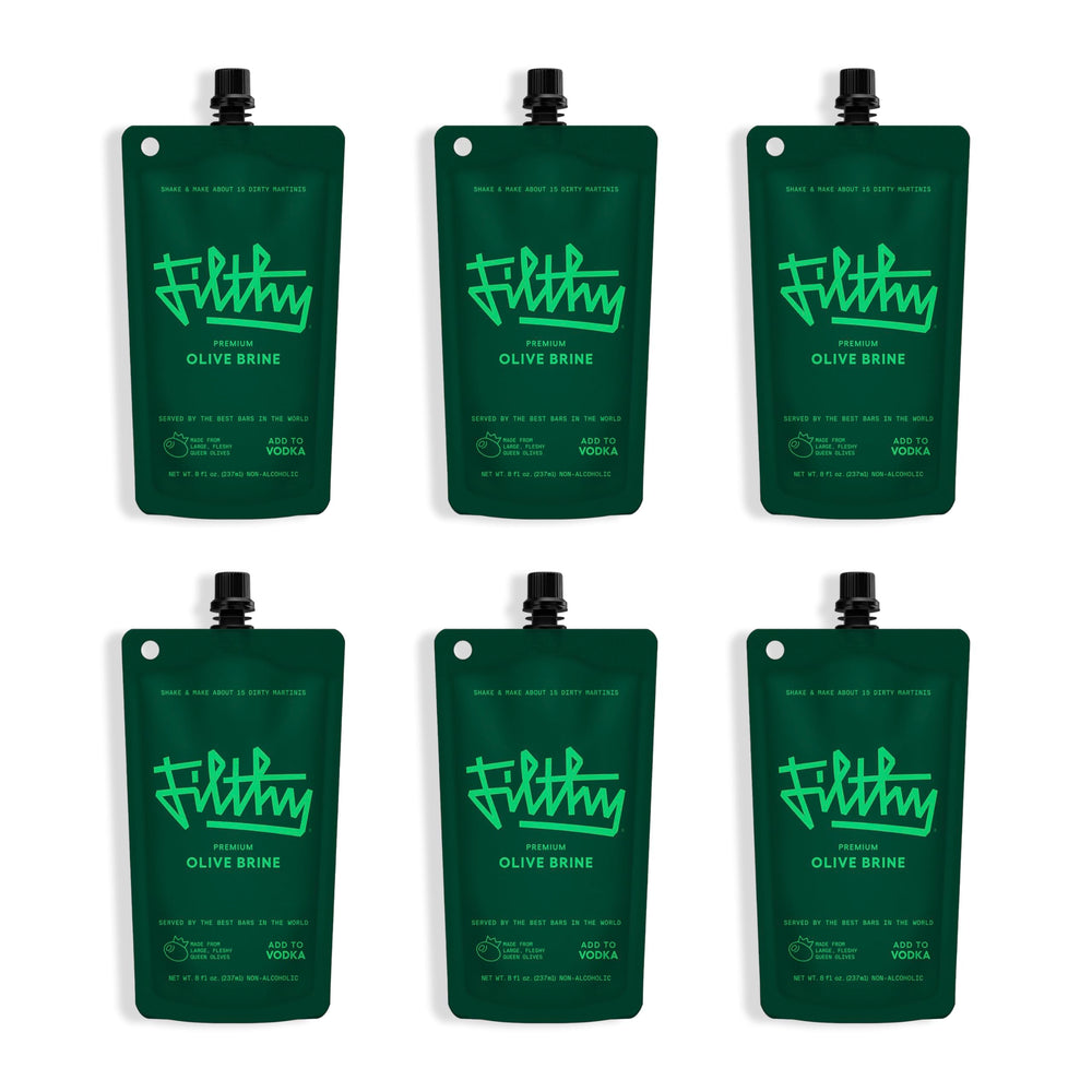 Filthy Food olive brine bottle showcases premium quality for authentic dirty martinis