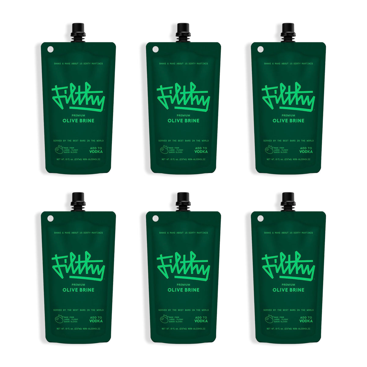 Filthy Food olive brine bottle showcases premium quality for authentic dirty martinis