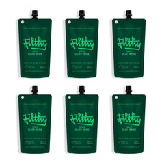 Filthy Food olive brine bottle showcases premium quality for authentic dirty martinis