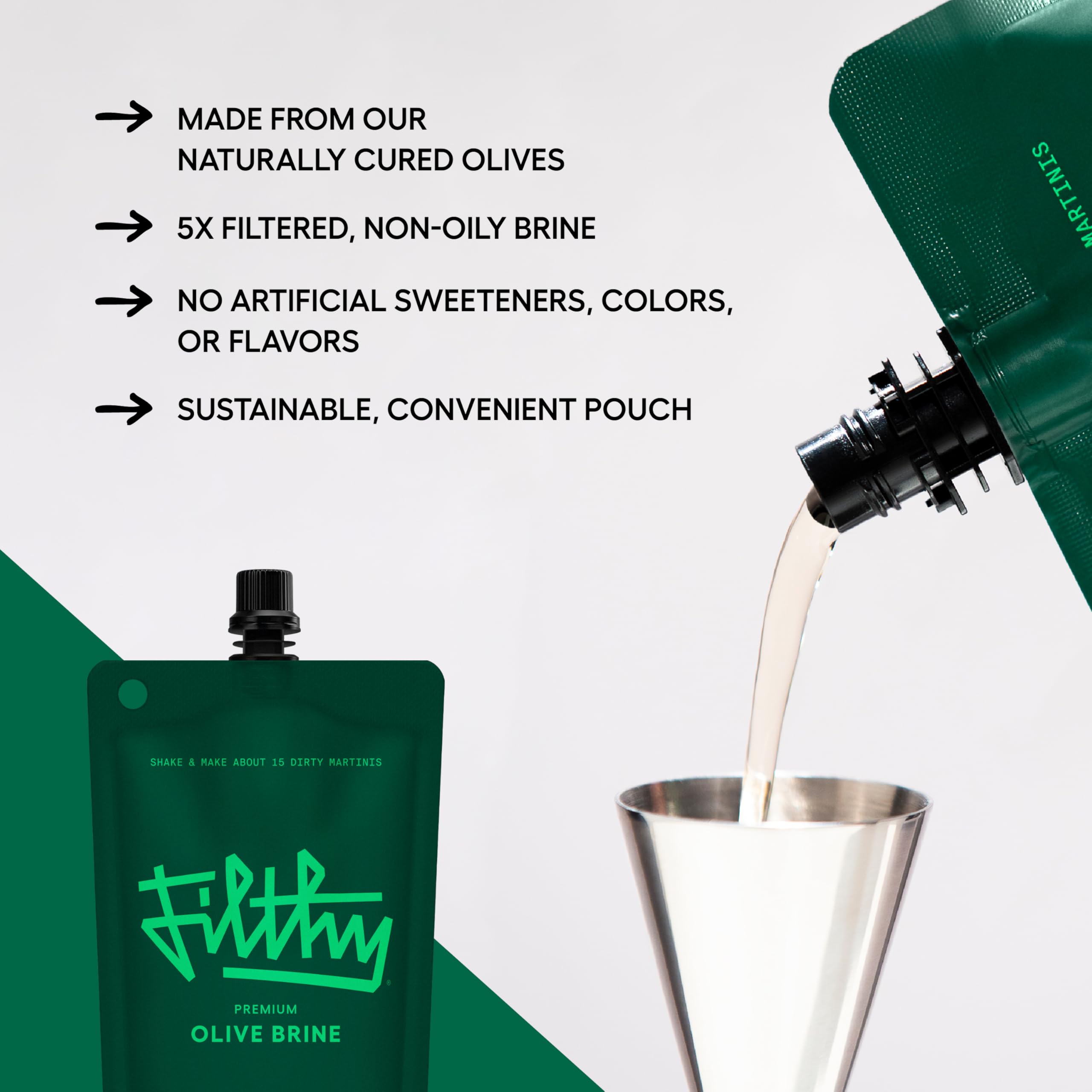 Filthy Food olive brine martini glass suggests bar-quality cocktails at home