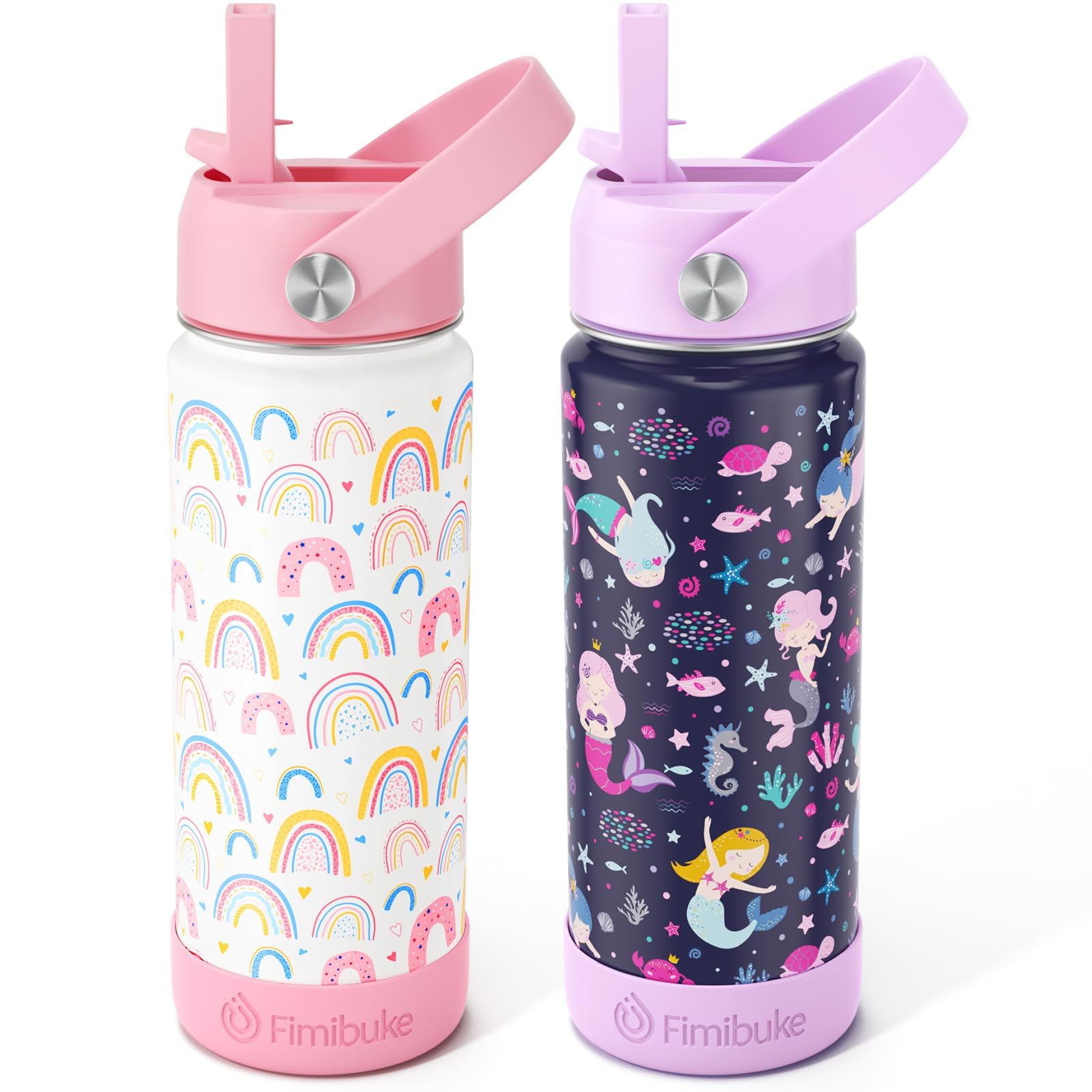 Fimibuke Kids insulated bottle with rainbow pattern keeps drinks cold during school