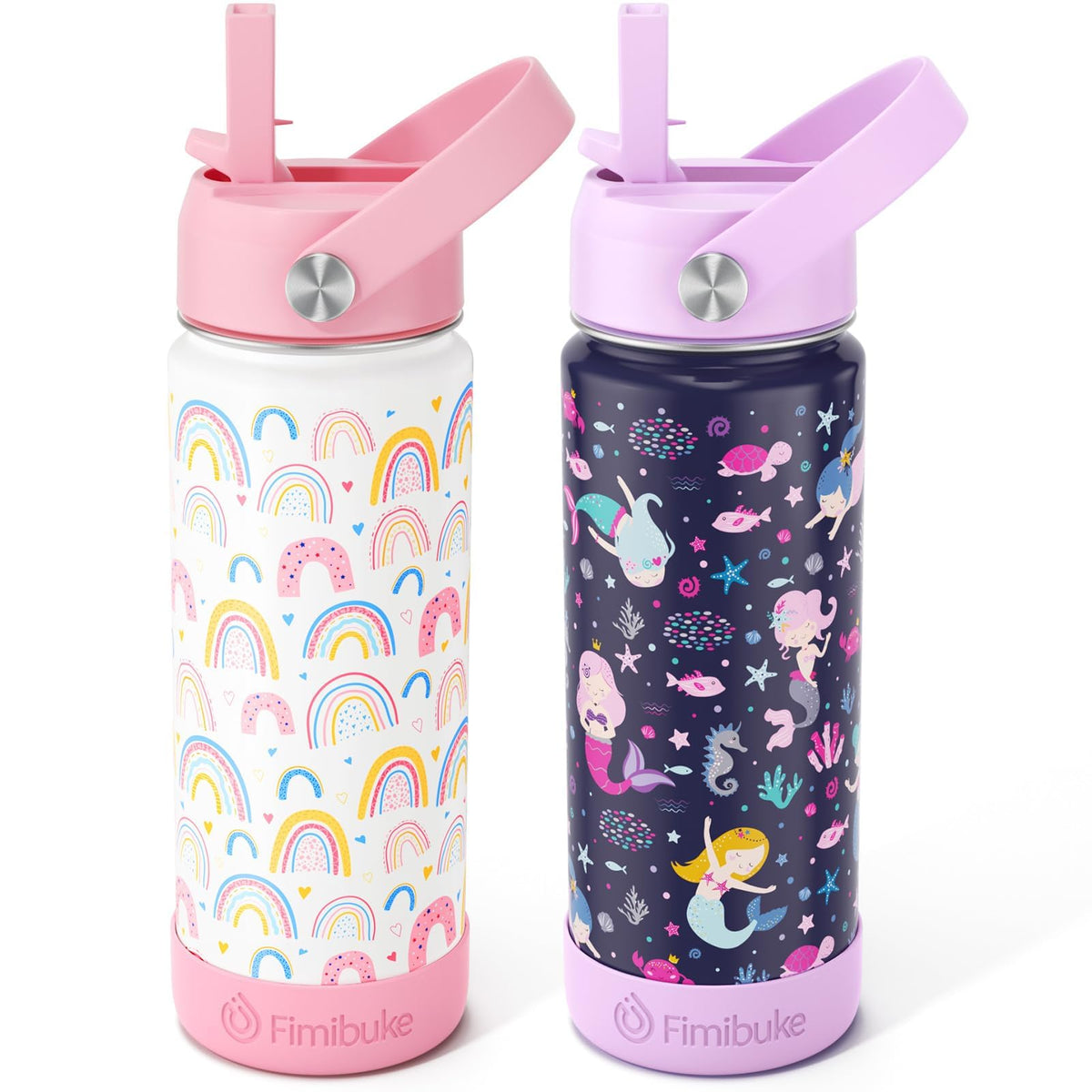 Fimibuke Kids insulated bottle with rainbow pattern keeps drinks cold during school