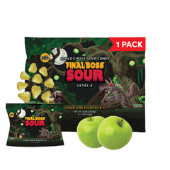 Final Boss Green Apple Level 4 sour candy close-up bite showing bold real fruit flavor.