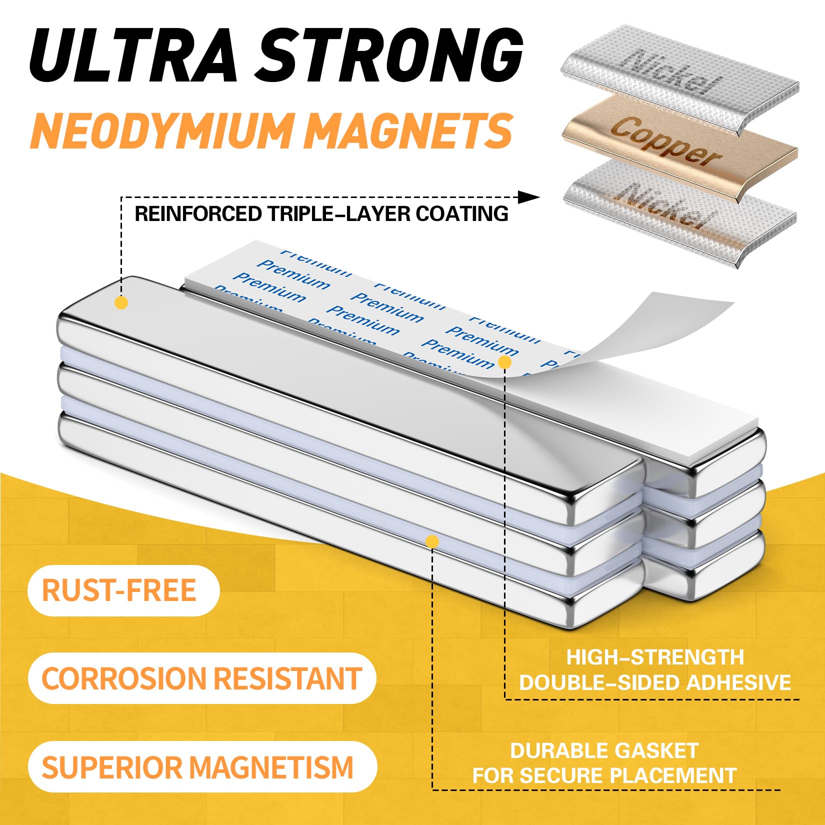 FindMAG bar magnets with adhesive pads for mounting on non-metal surfaces