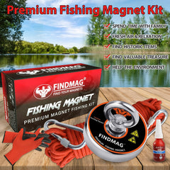 FINDMAG gear kit shows gloves and carabiners for safe magnet fishing.