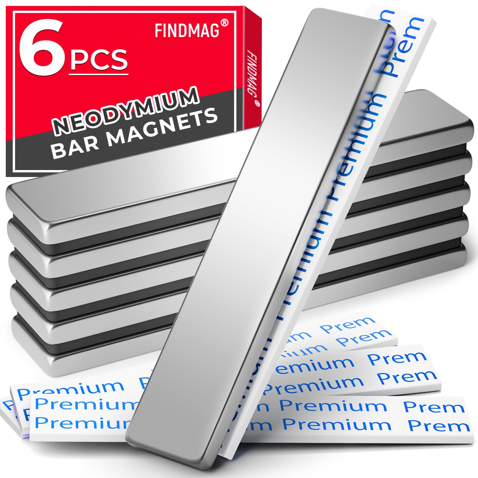 FindMAG neodymium magnet 6-pack bar magnets with strong hold on metal surfaces