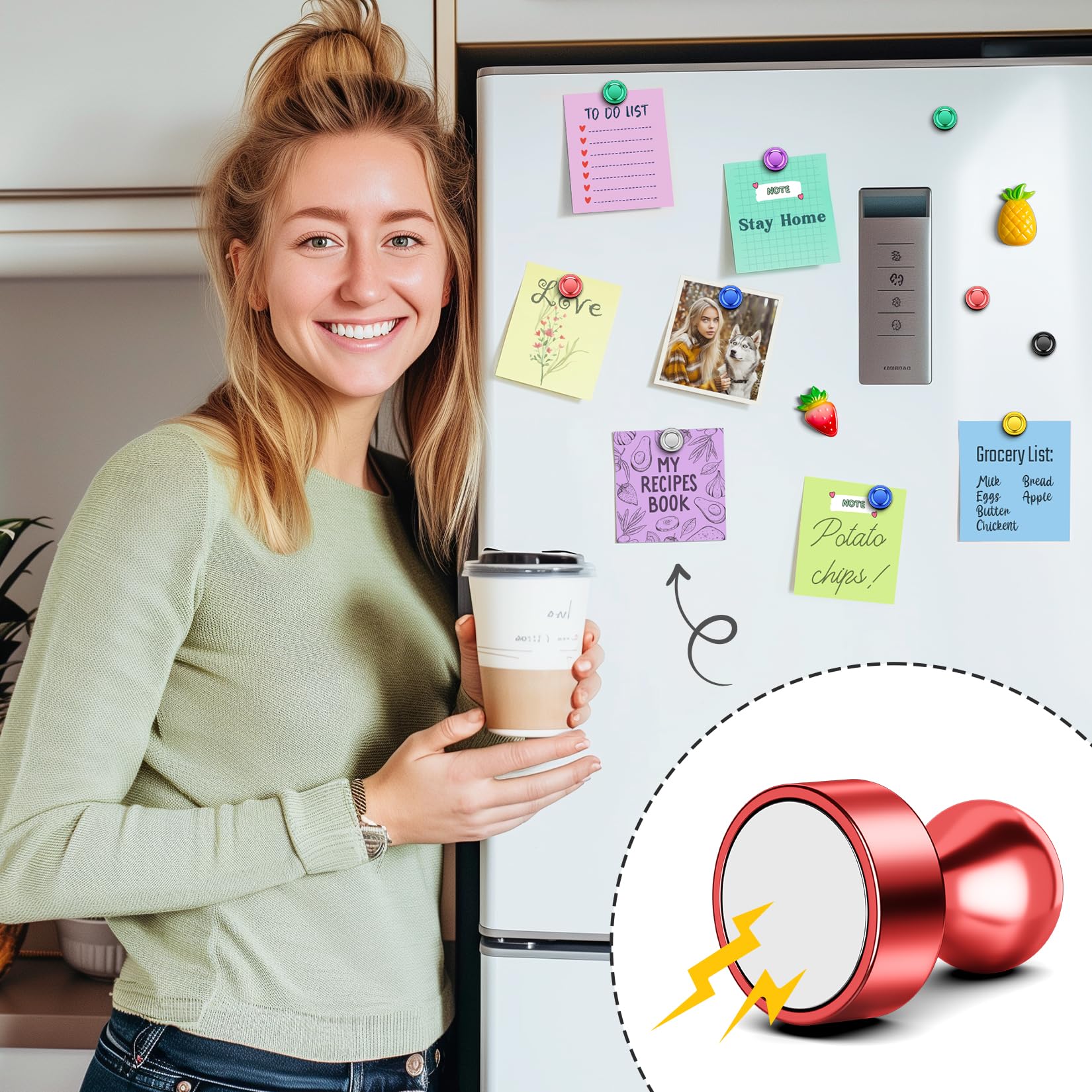 FindMAG magnets organize and decorate a fridge with photos and memos.