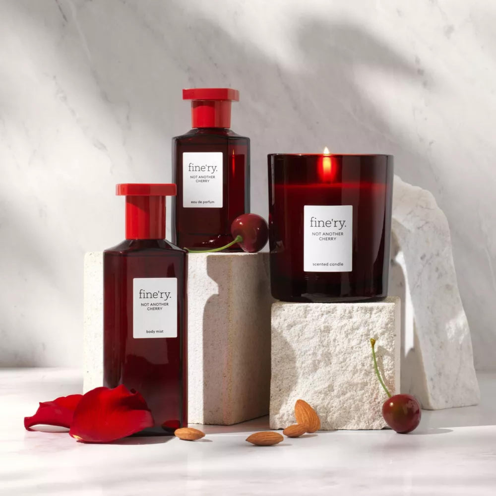 Fine'ry Cherry Almond Mist on neck to refresh throughout the day
