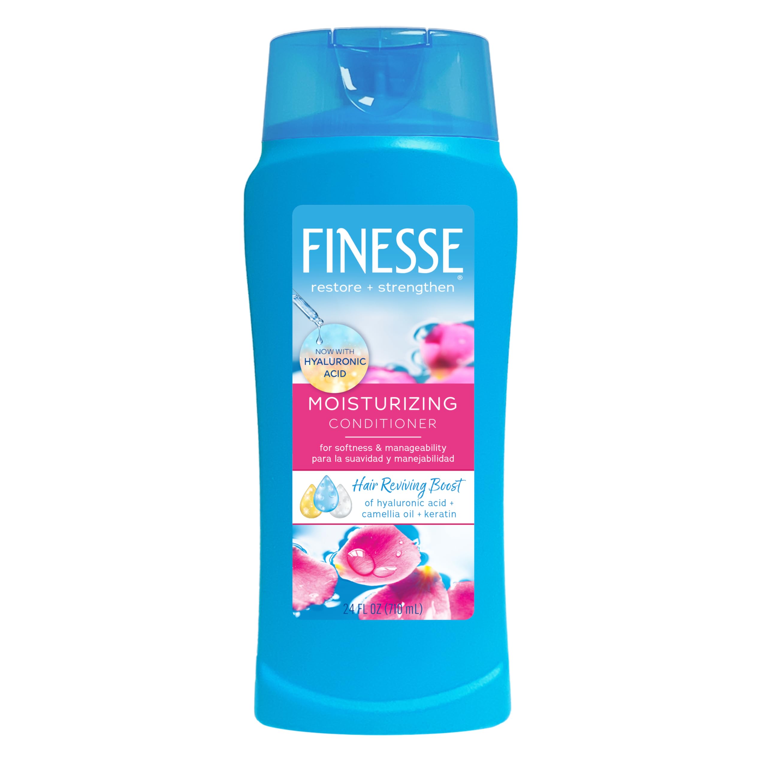 Finesse Restore Strengthen conditioner bottle showing nourishing formula for dry hair.