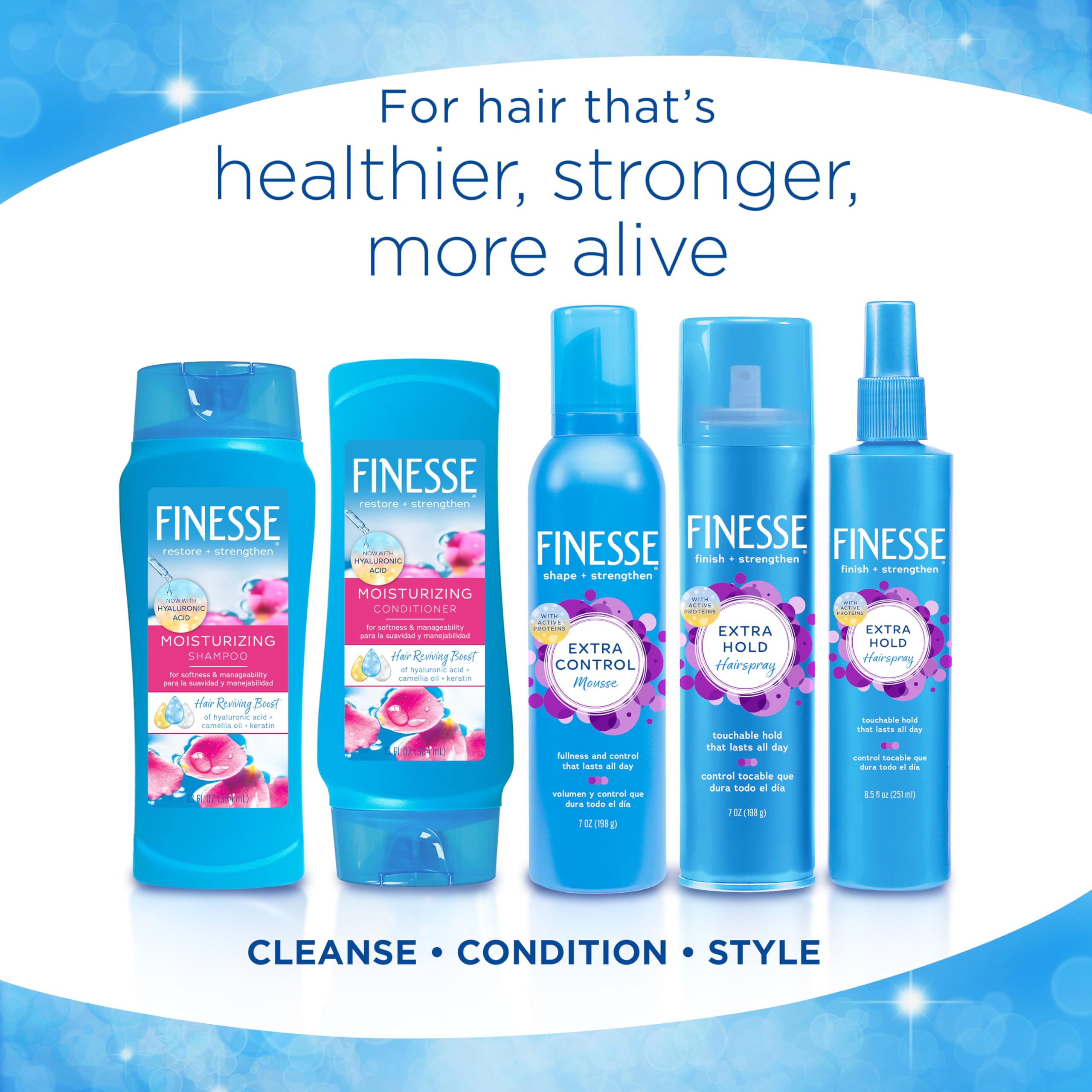 Finesse label close-up highlighting camellia oil and proteins for stronger hair.