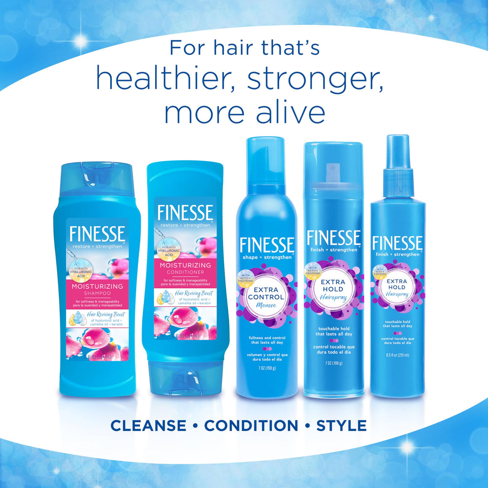 Finesse label close-up highlighting camellia oil and proteins for stronger hair.