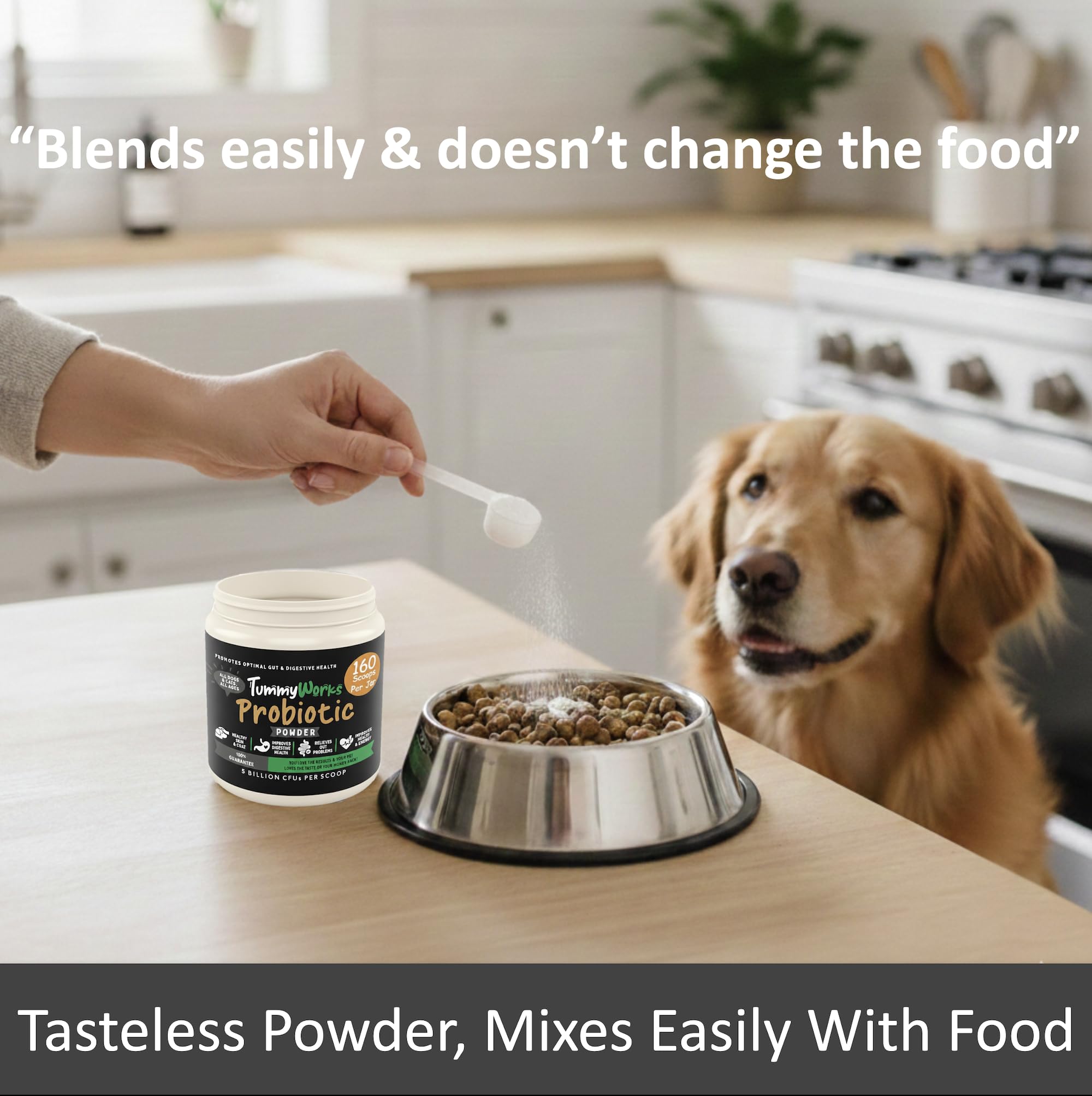Finest For Pets TummyWorks food mixing action blending powder with kibble.