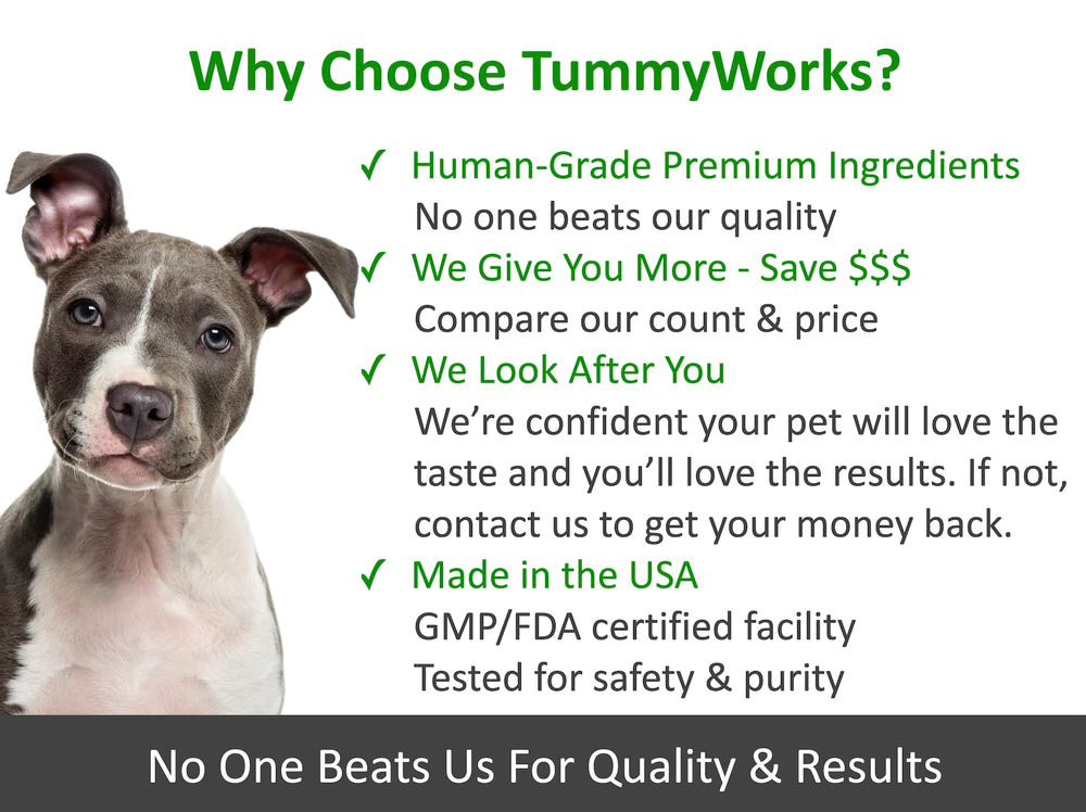 Finest For Pets TummyWorks ten strains illustration indicating diverse gut support.