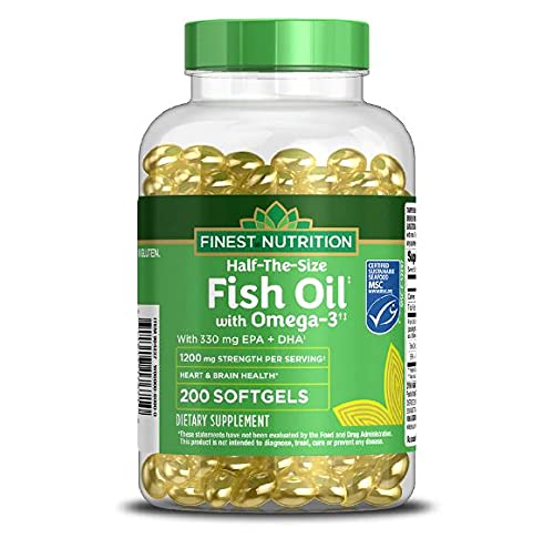 Finest Nutrition Half-The-Size Fish Oil bottle, compact design ideal for daily heart health support