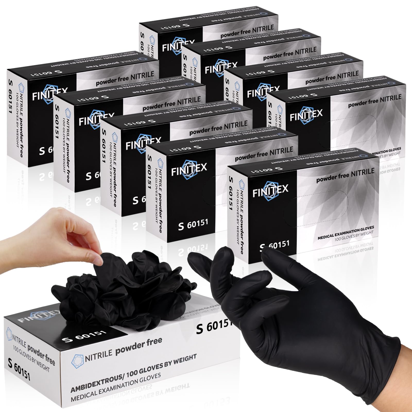 FINITEX black nitrile gloves front pack view showing durable protection