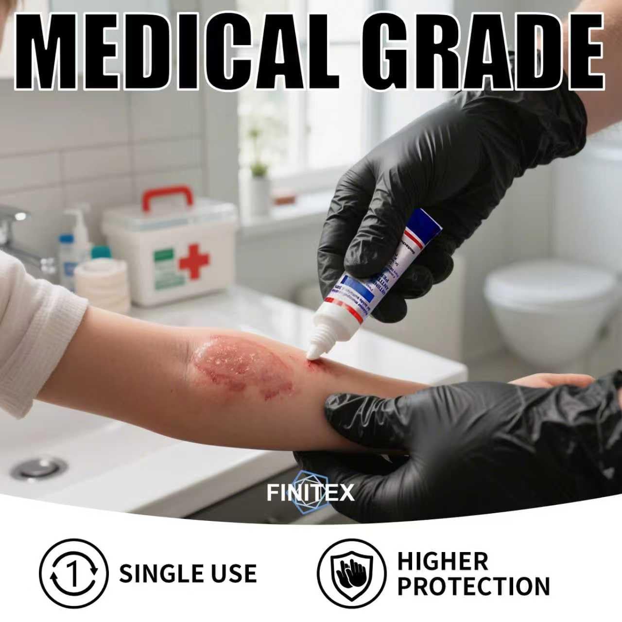 FINITEX gloves easy donning closeup demonstrates quick wear and removal