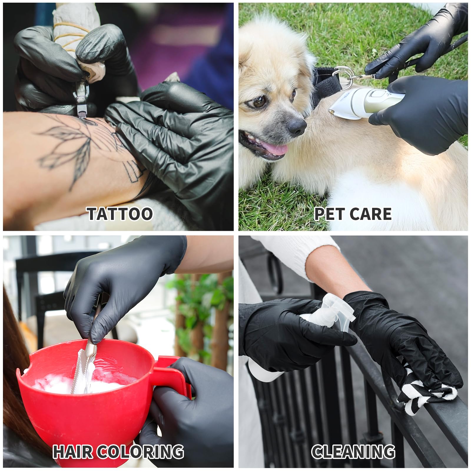 FINITEX gloves in use across janitorial, beauty, and food service tasks