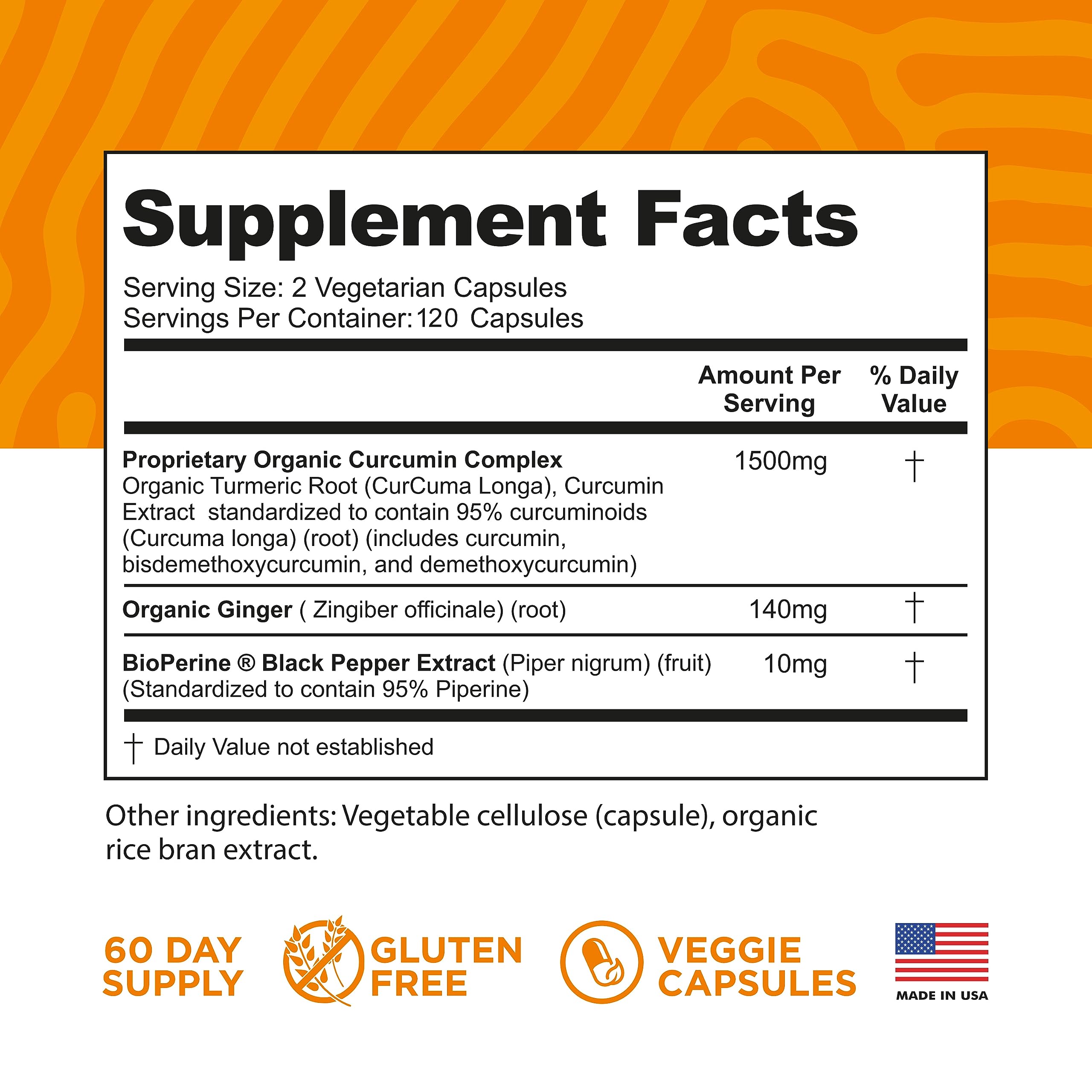 FineVine Organics turmeric bottle front label emphasizing USA-made quality.