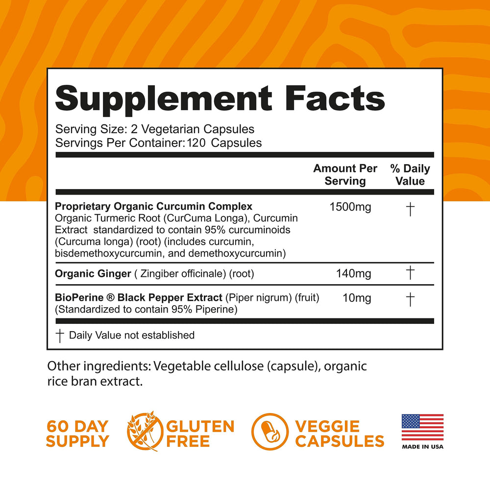 FineVine Organics turmeric bottle front label emphasizing USA-made quality.