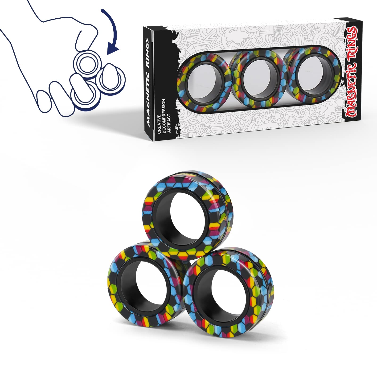 Finger Rock Magnetic Rings 3-Pack front view; colorful fidget rings for focus.