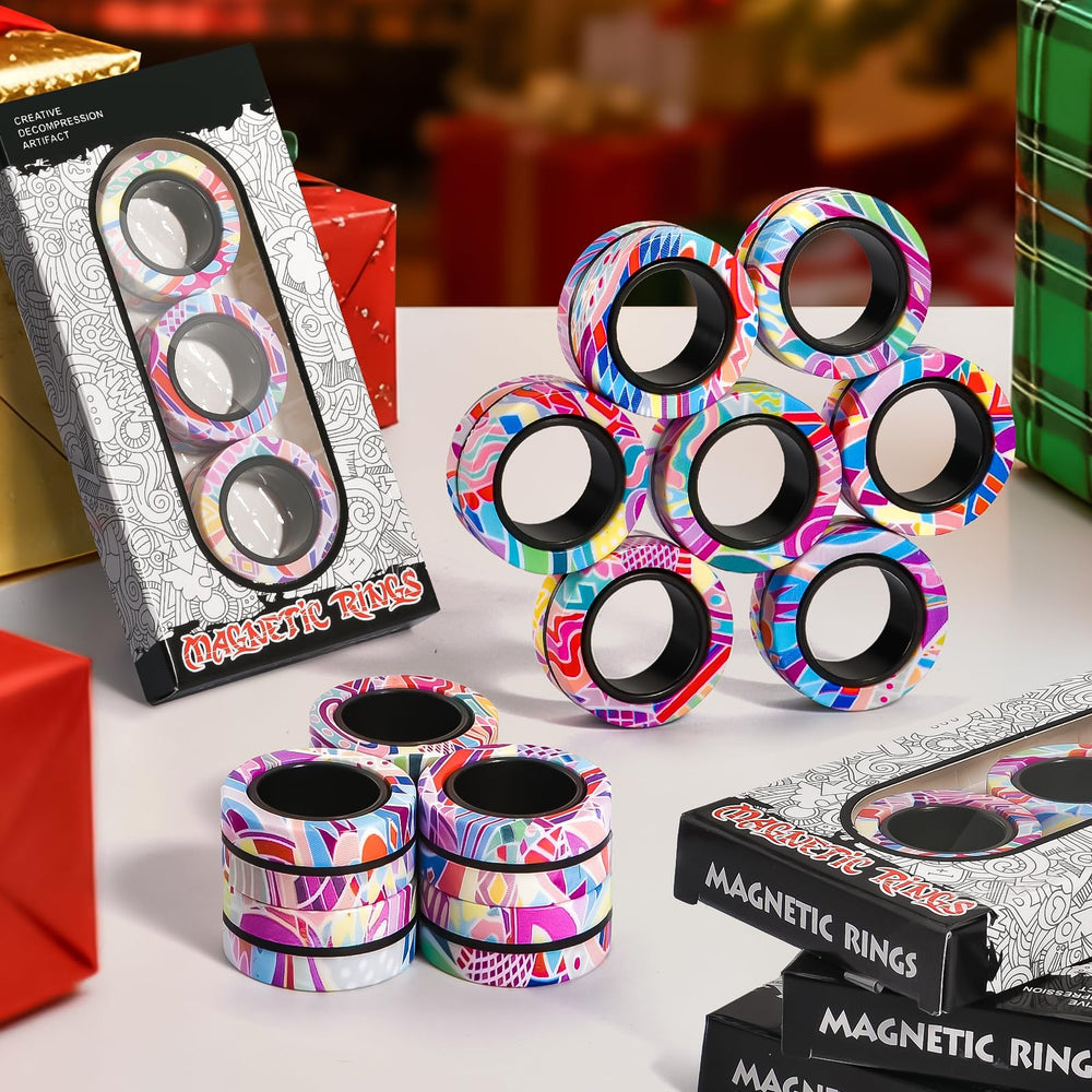 Unboxing view of Finger Rock magnetic rings with three-piece set.