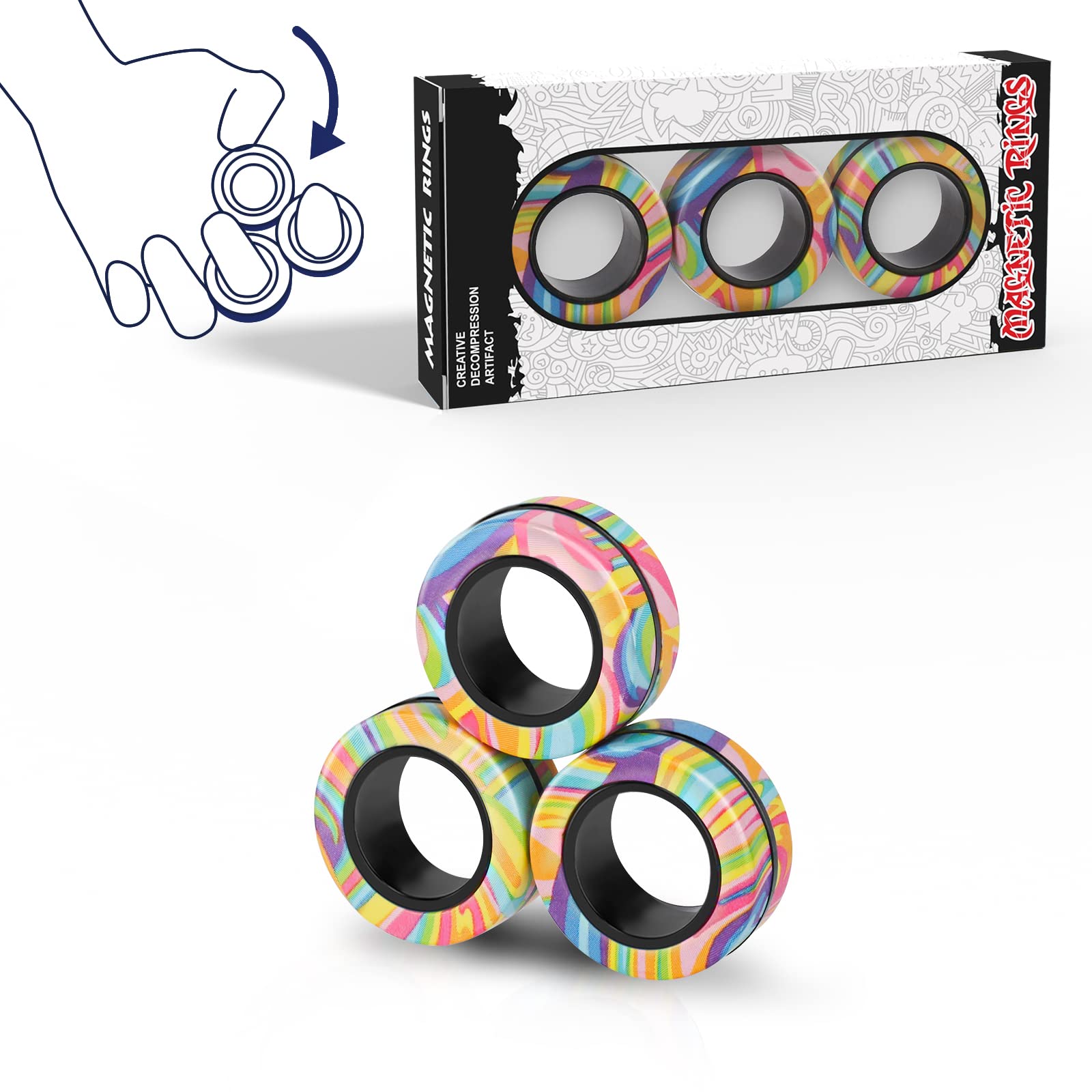 Finger Rock magnetic rings trio-pack close-up showing smooth rotation for focus.