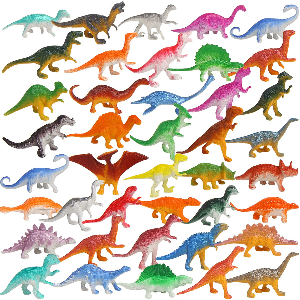 FINGOOO 39-piece mini dinosaurs collection showcases assorted colors for party decor and cake toppers