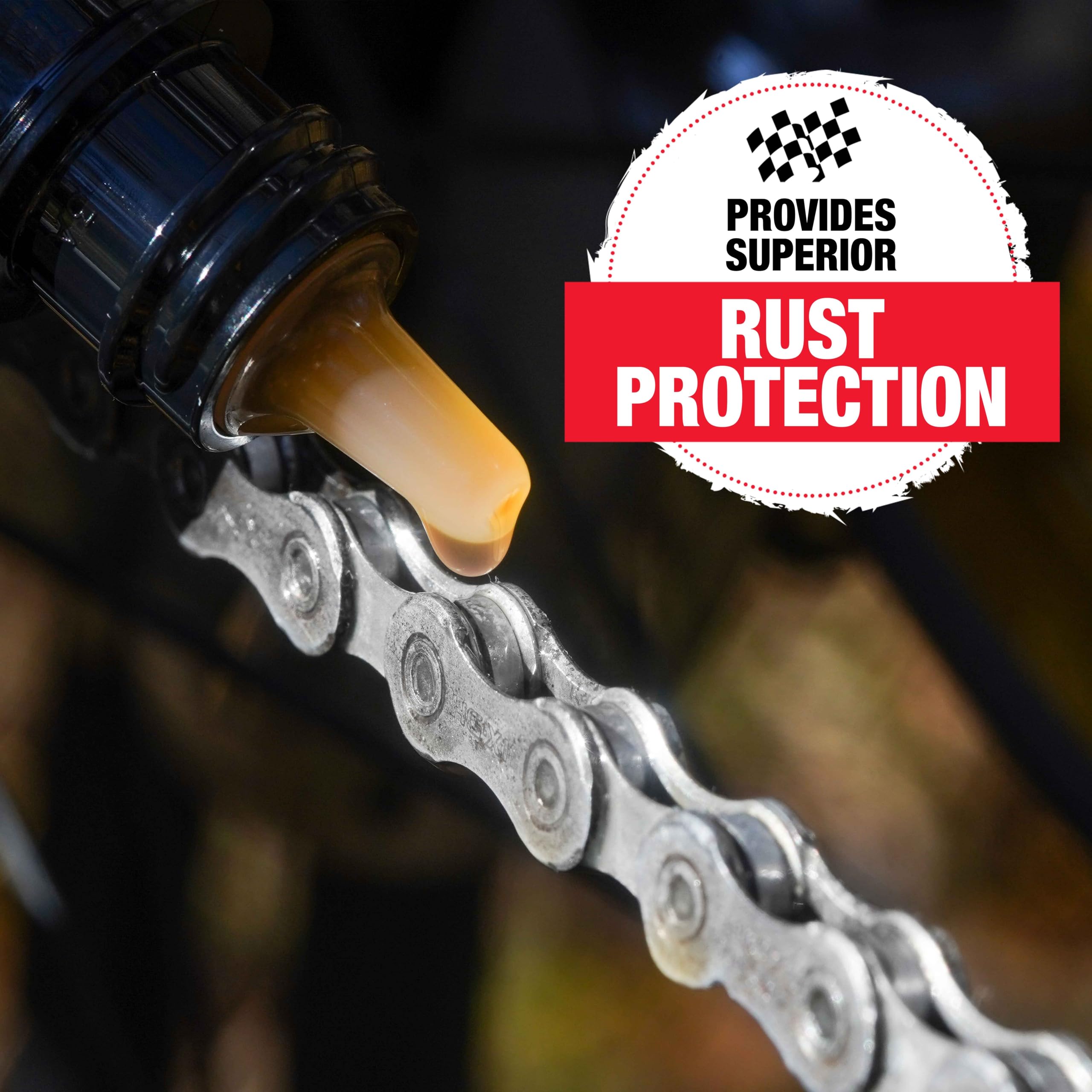 Finish Line Chain Lube packaging highlighting rust protection and durability