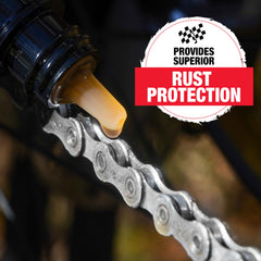 Finish Line Chain Lube packaging highlighting rust protection and durability