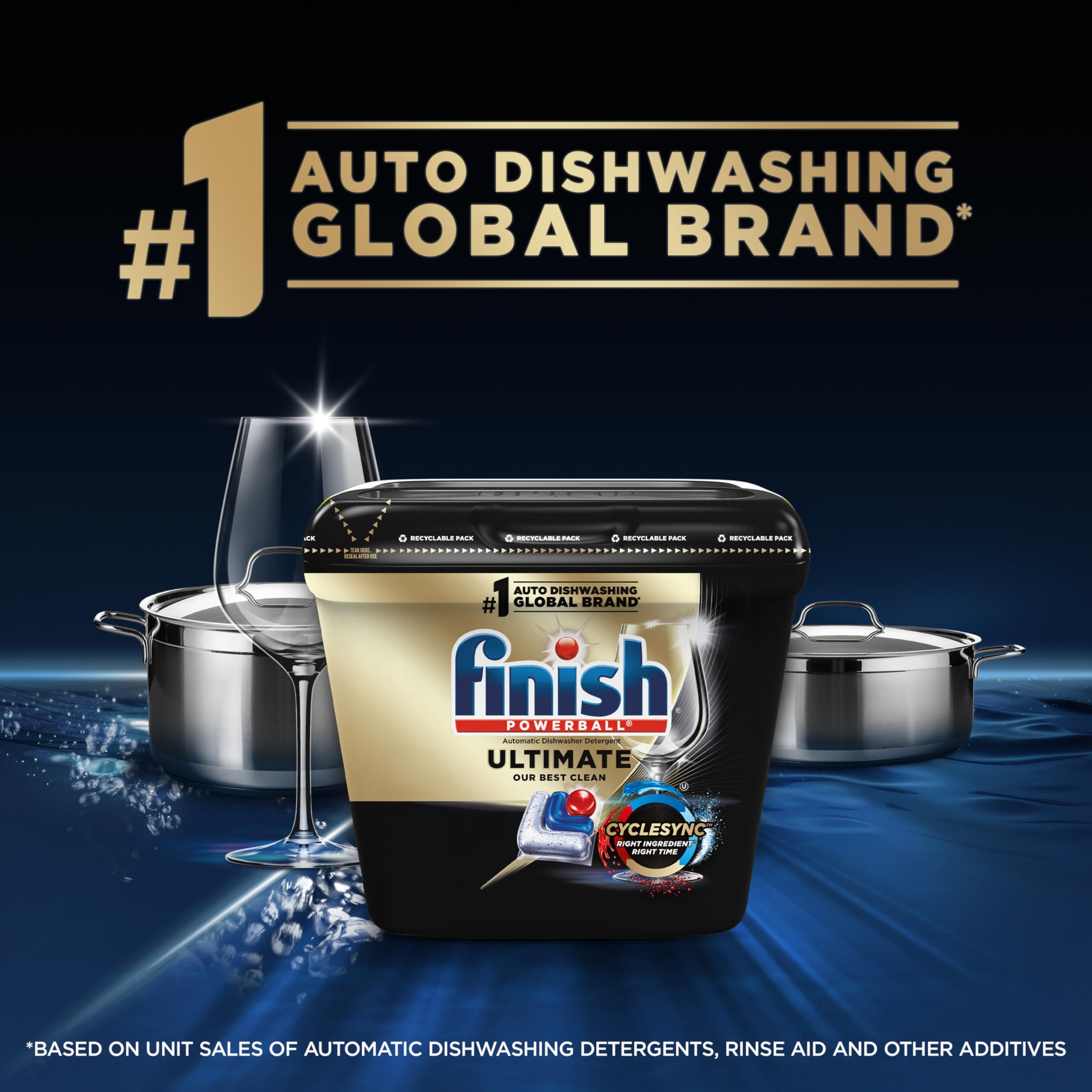 Finish Ultimate Dishwasher Pods CycleSync coordinates ingredients for effective washing
