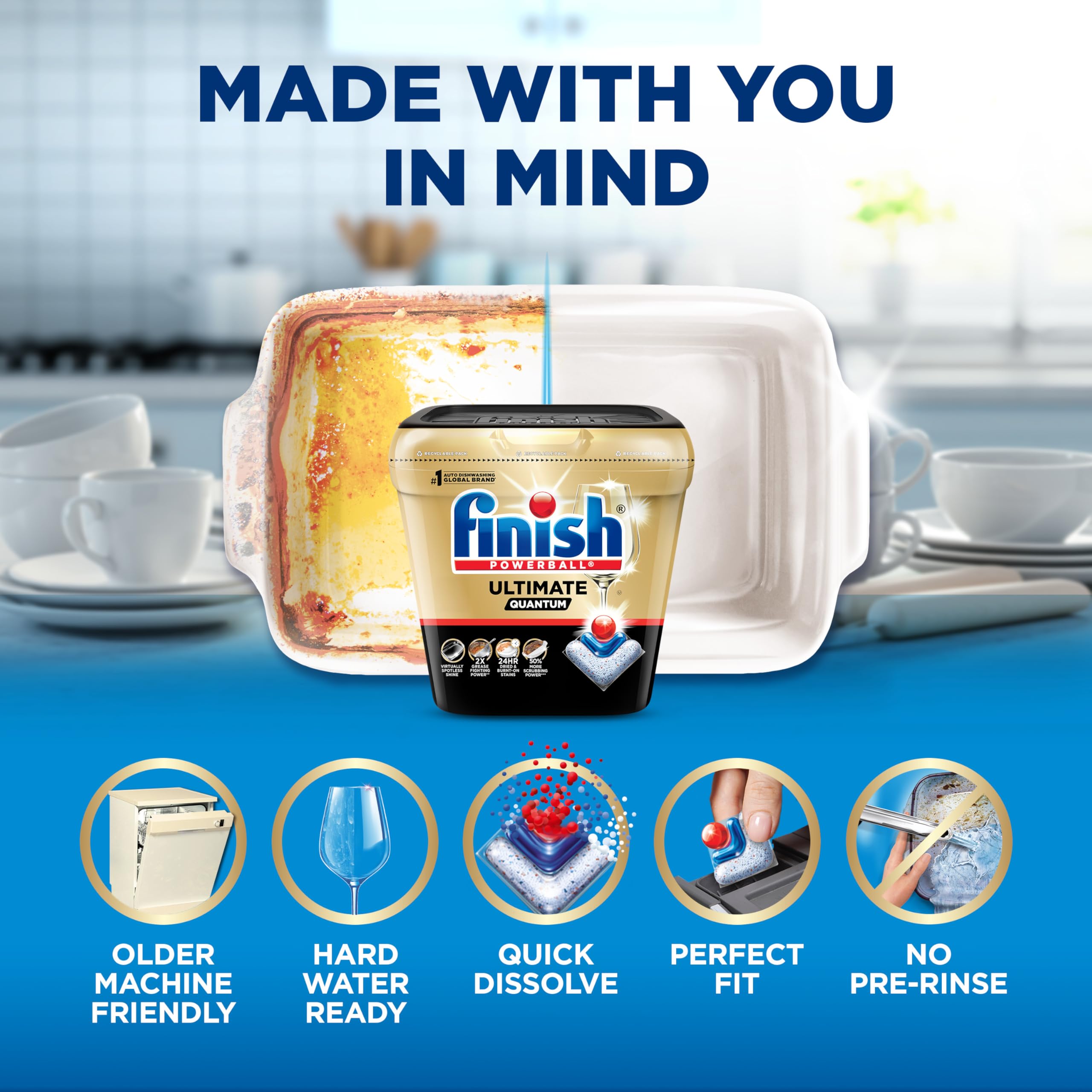 Grease-fighting power in Finish Quantum for greasy cookware and plates.