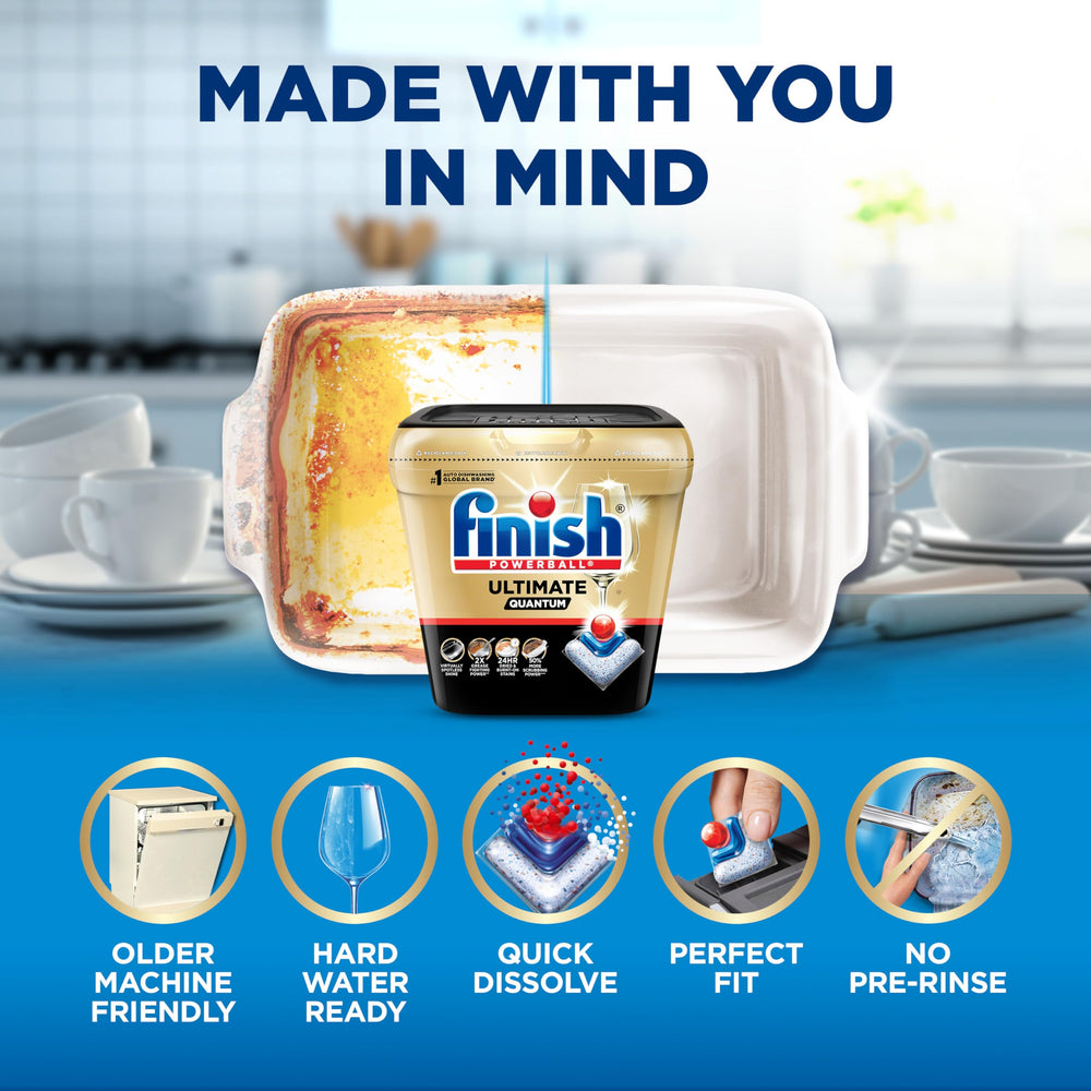 Grease-fighting power in Finish Quantum for greasy cookware and plates.