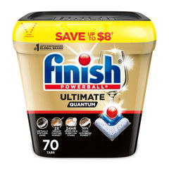 Finish Ultimate Quantum pods in dishwasher compartment for powerful, mess-free cleaning.