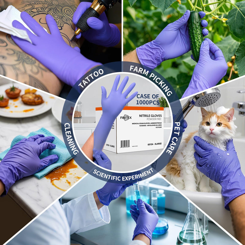 Finitex nitrile gloves shown for janitorial tasks and cleaning.