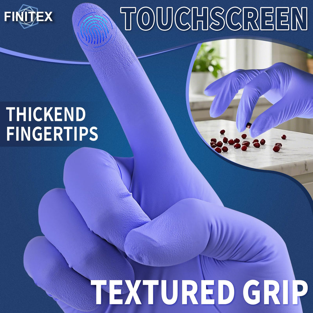 Finitex nitrile gloves powder-free surface for clean handling.