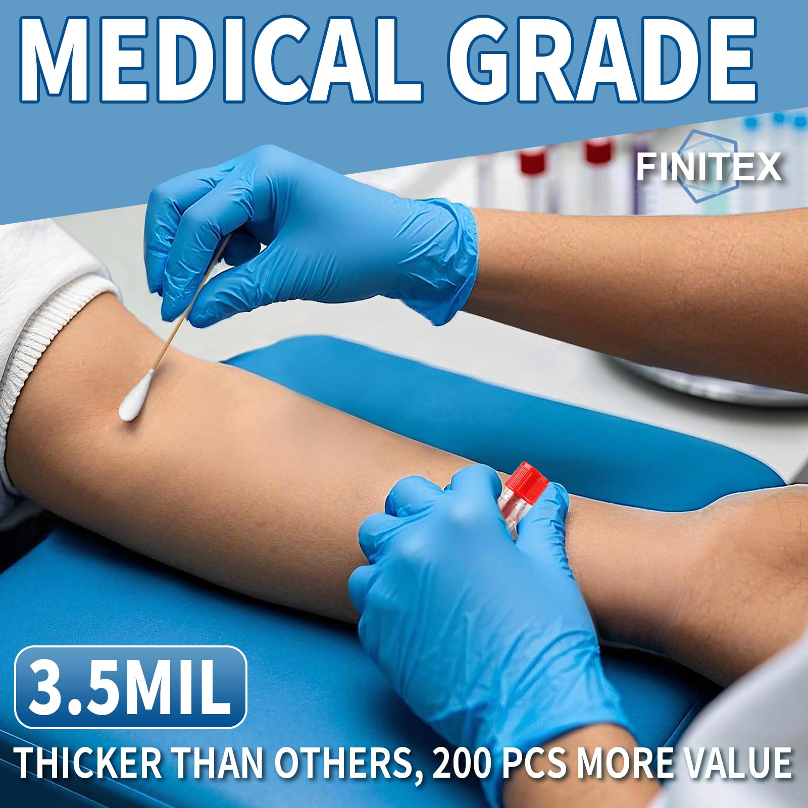 FINITEX blue nitrile gloves with textured fingertips for improved grip