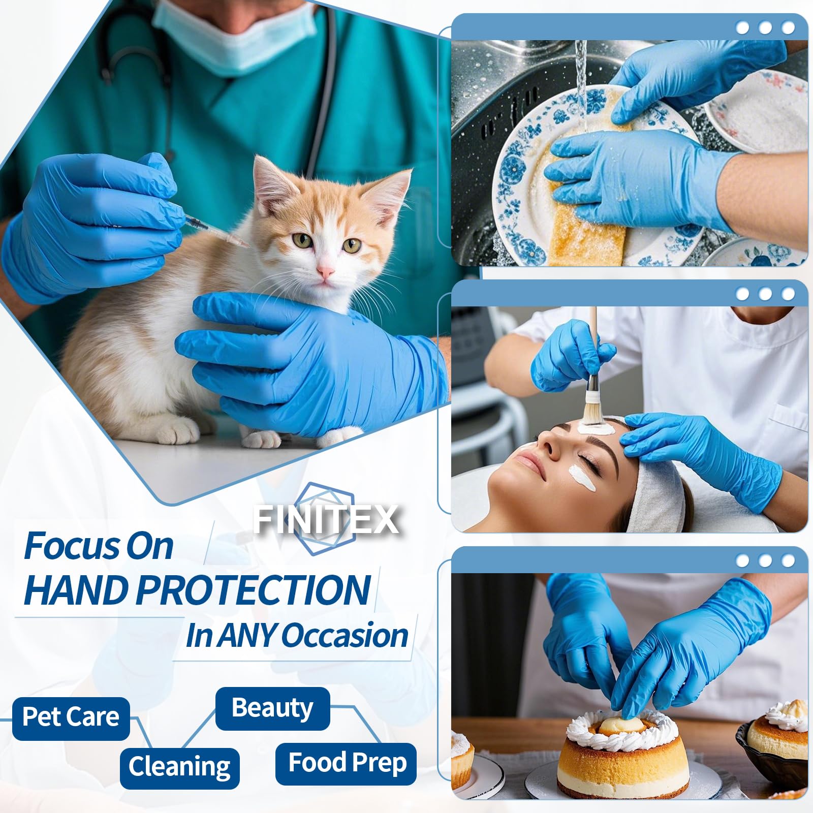 FINITEX touch-screen compatible blue nitrile gloves for phone use