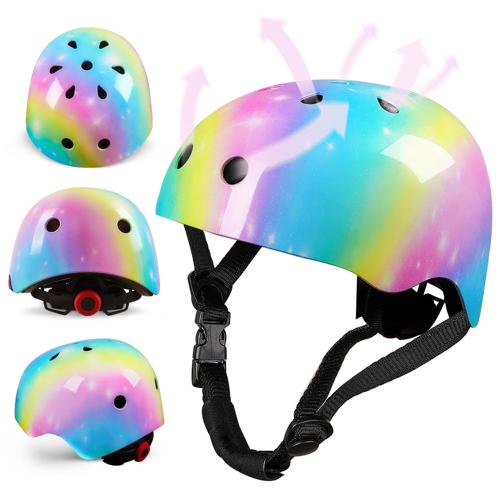 FIODAY kids elbow pads rainbow front view; flexible, snug protection.