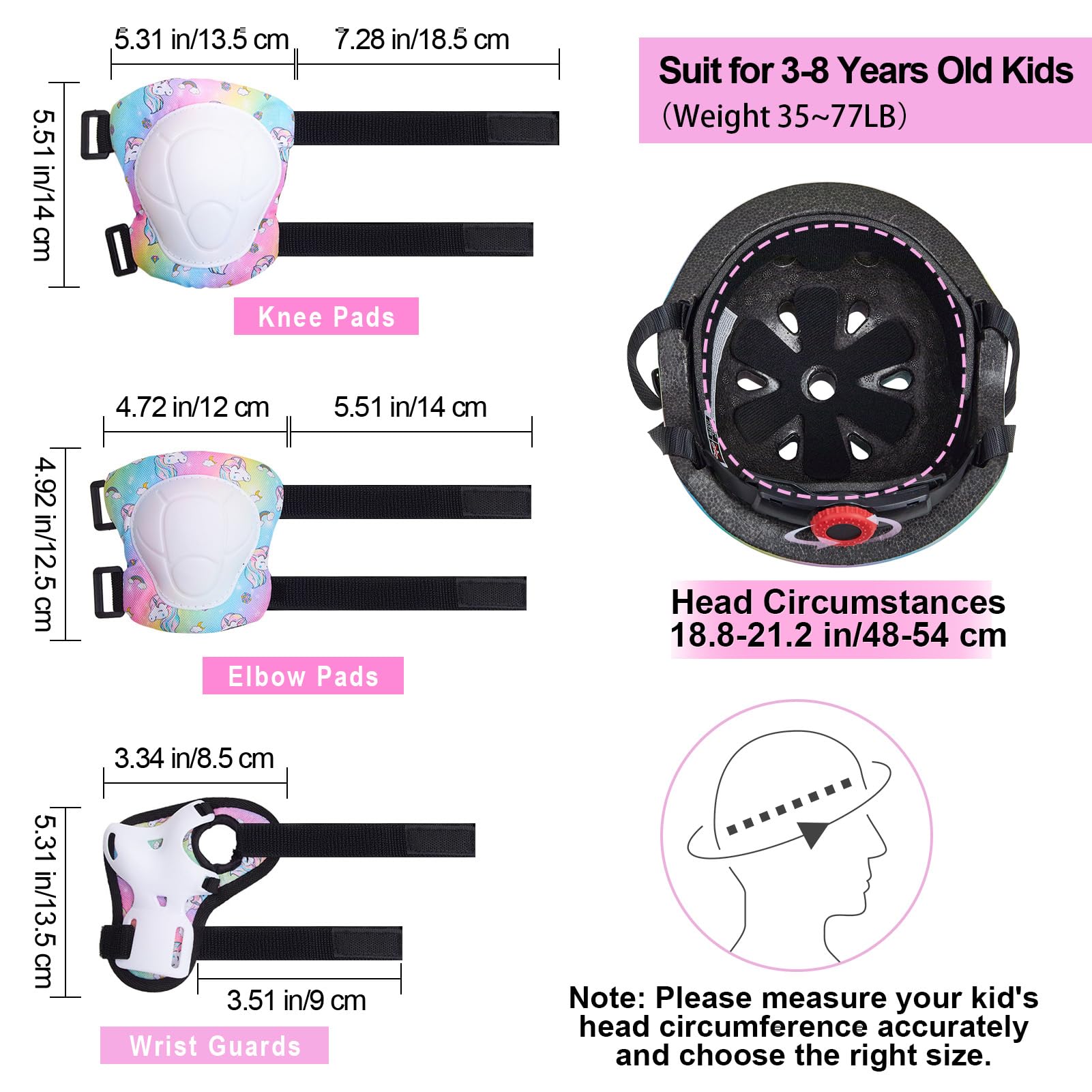 FIODAY Kids helmet side view rainbow; shows adjustable fit for growing heads.