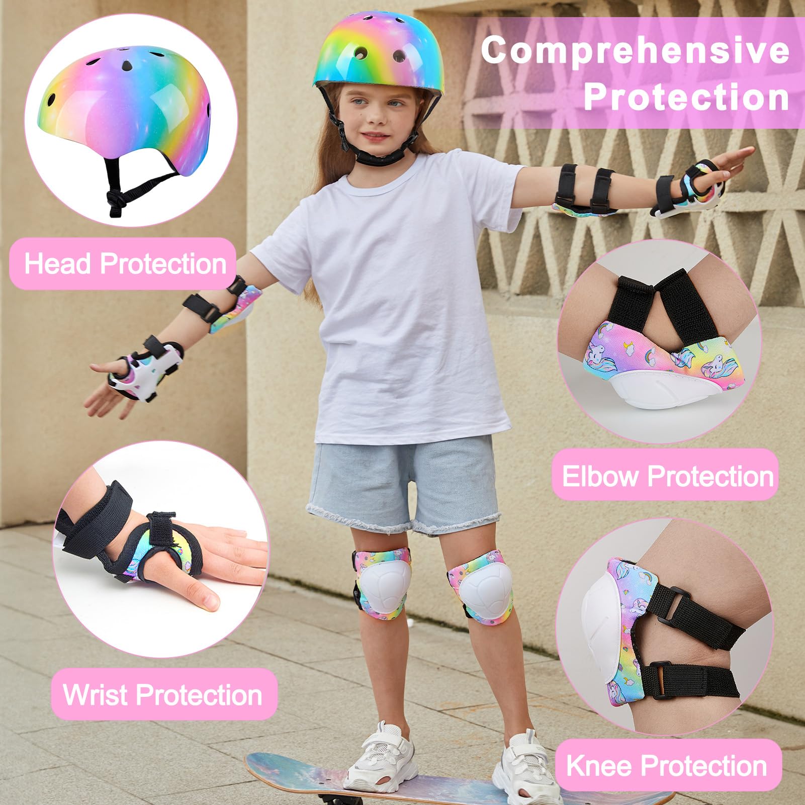 FIODAY kids knee pads rainbow front view; comfortable protection for active play.