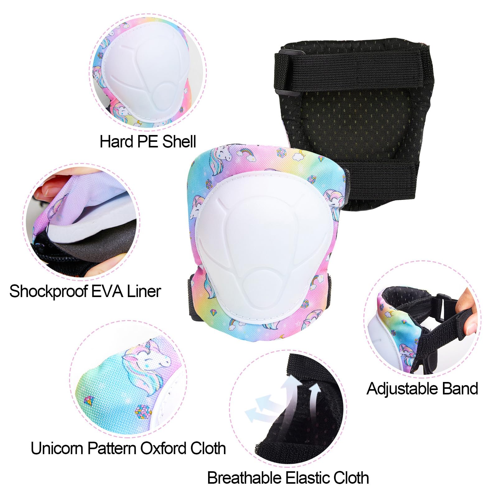 FIODAY kids wrist guards rainbow front view; guards against scrapes during tricks.